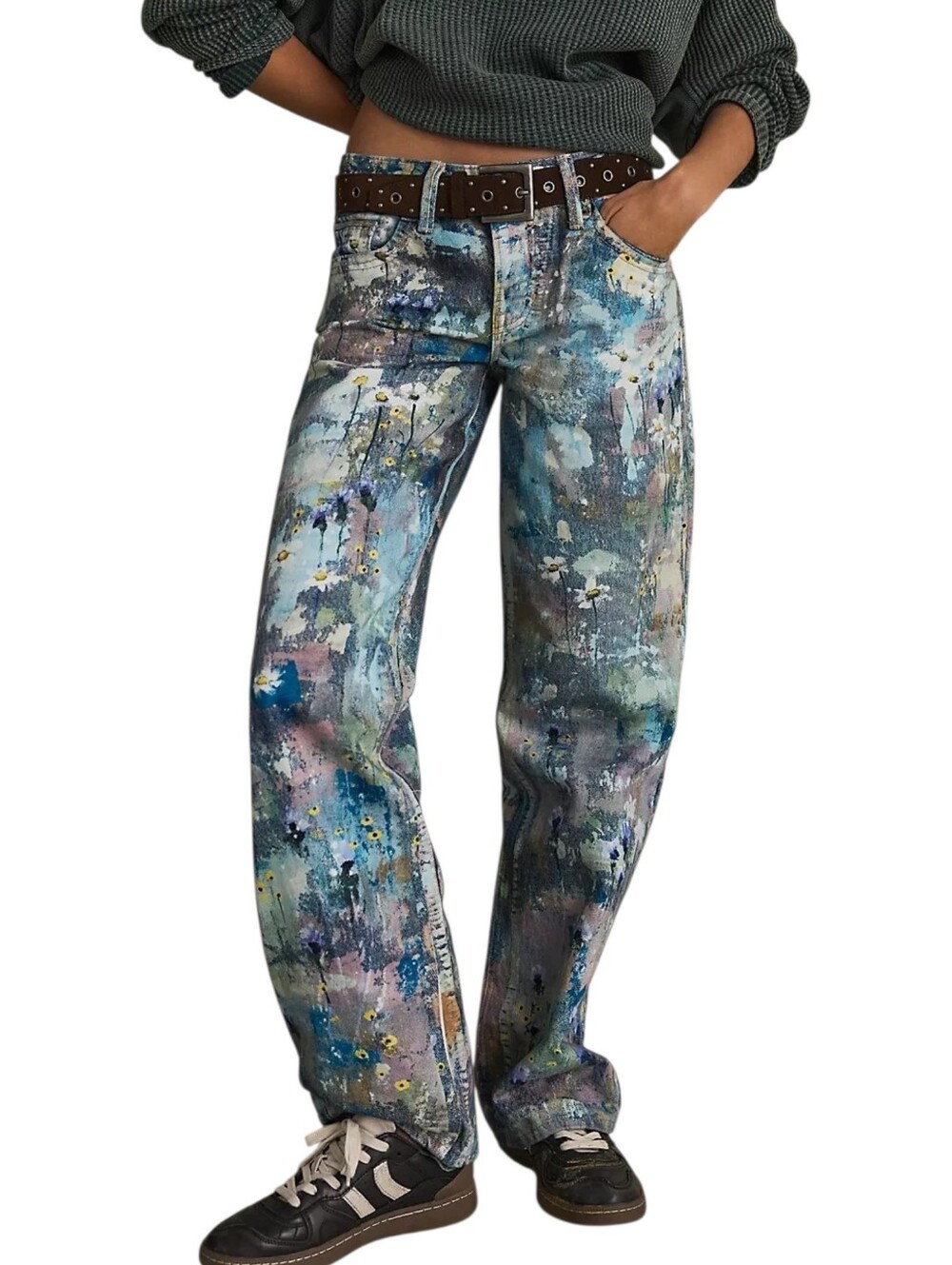 Free People Tennessee Low Rise Illusion Jeans Floral Canvas Paint Splatter Sz 26